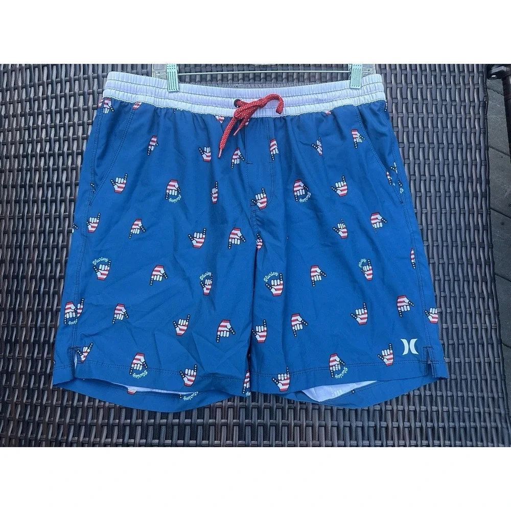 Hurley Swim Shorts Mens Blue Patriotic Shaka Trunks Lined Quick Dry Size XL